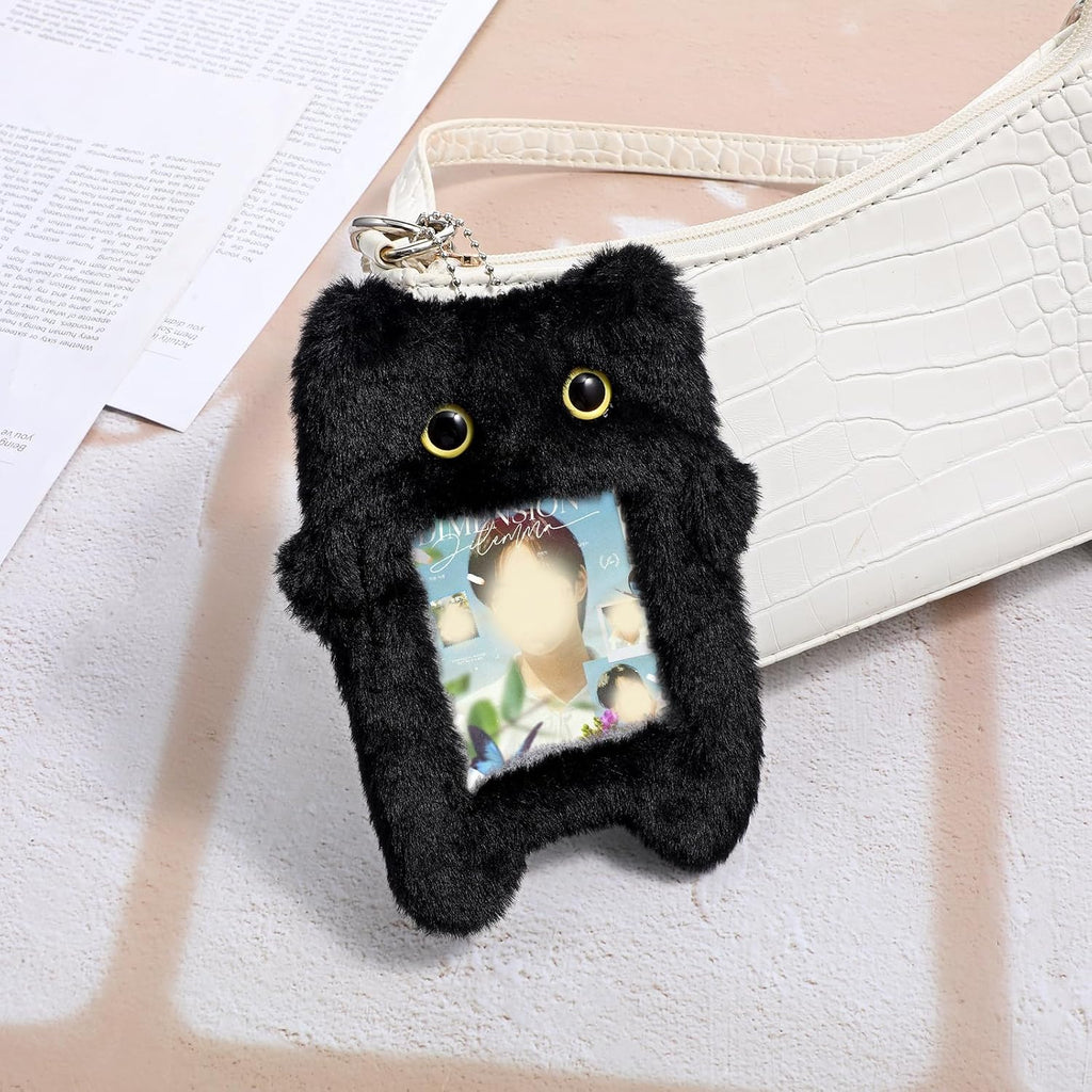 Black Cartoon Plush Photocard Holder Keychain, Cute Cartoon Cat Photo Card Holder Keychain, Soft Plush Photo Card Holder for ID Card Cover Photo Protective Bag Pendant Decor