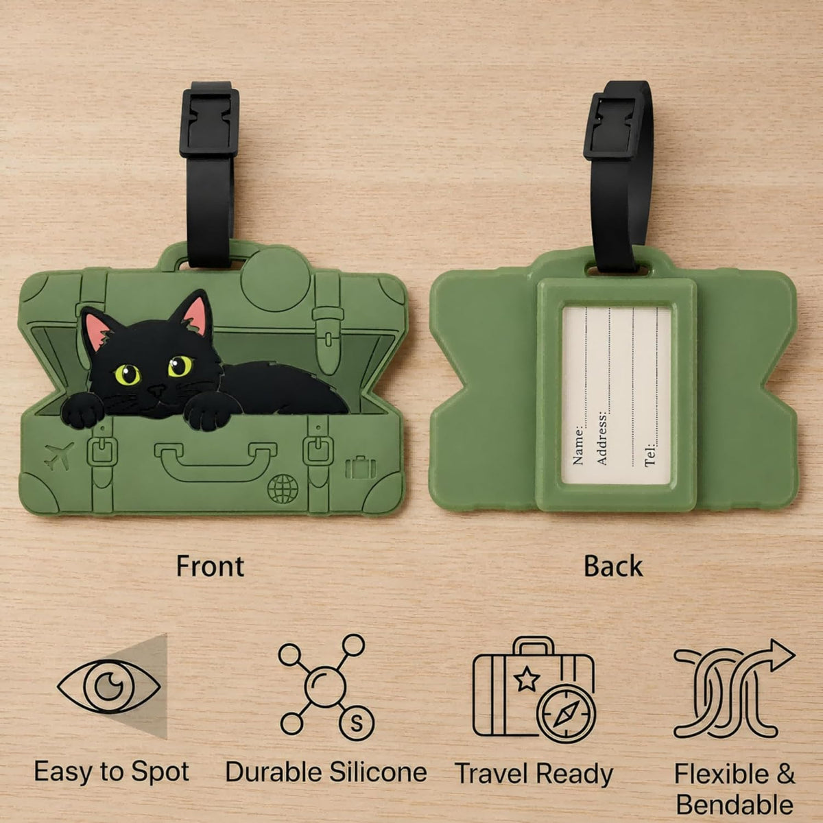 Peeking Black Cat Green Suitcase Silicone Luggage Tag for Travel Bags, Flexible Name Label with Adjustable Strap, Cute Identifier for Carry On, Backpacks, School Bags and Pet Lovers