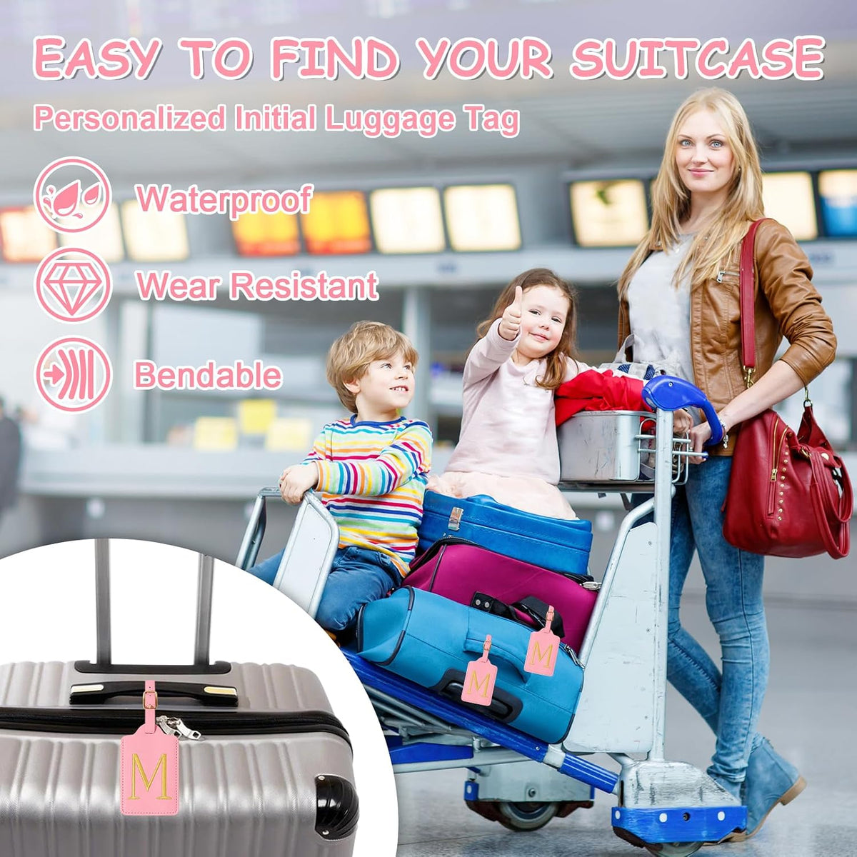 Personalized Initial Luggage Tags for Suitcases, Cute PU Leather Embroidered Letter Travel Luggage Tags, Suitcase Identifier Name Baggage Tag, Bag Tags for Men Women Kids Luggage Handbags(Pink M)