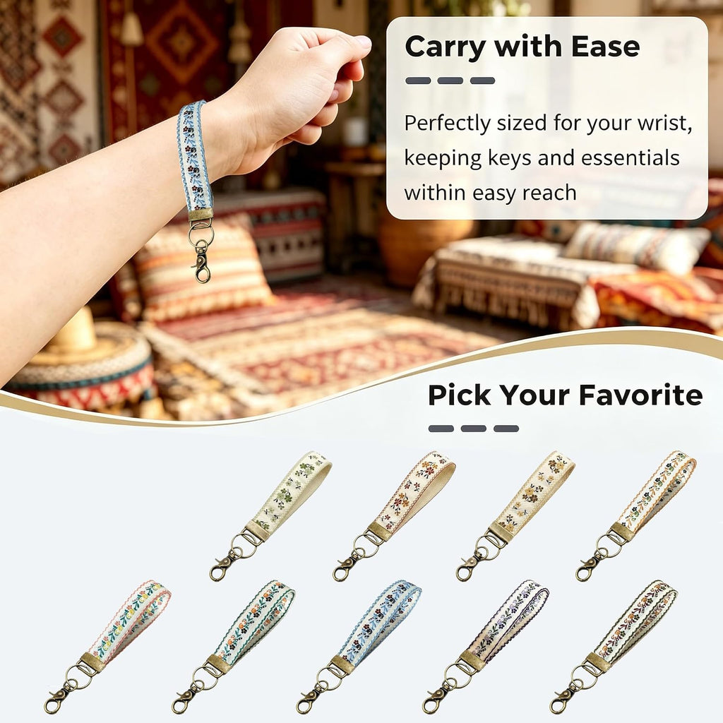 Boho Vintage Embroidered Floral plant Wristlet Keychain for Women