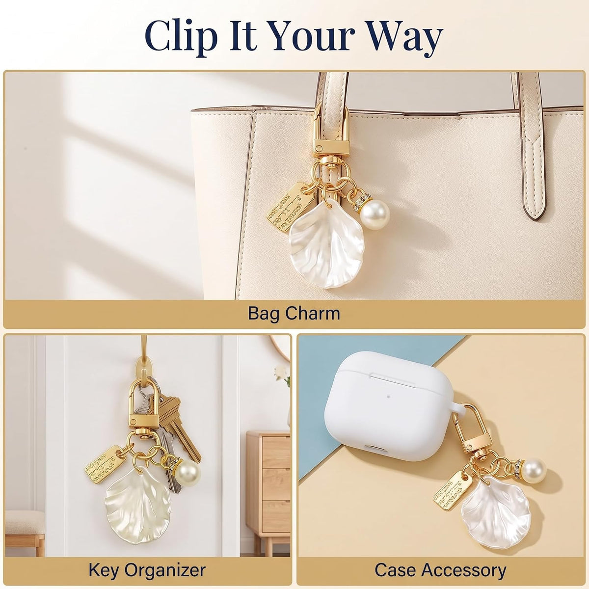 Gold Pendant Handbag Rhinestones Keychain Keyring Shell Purse Charm Crystal Pearl Keychains Car Ring Accessories