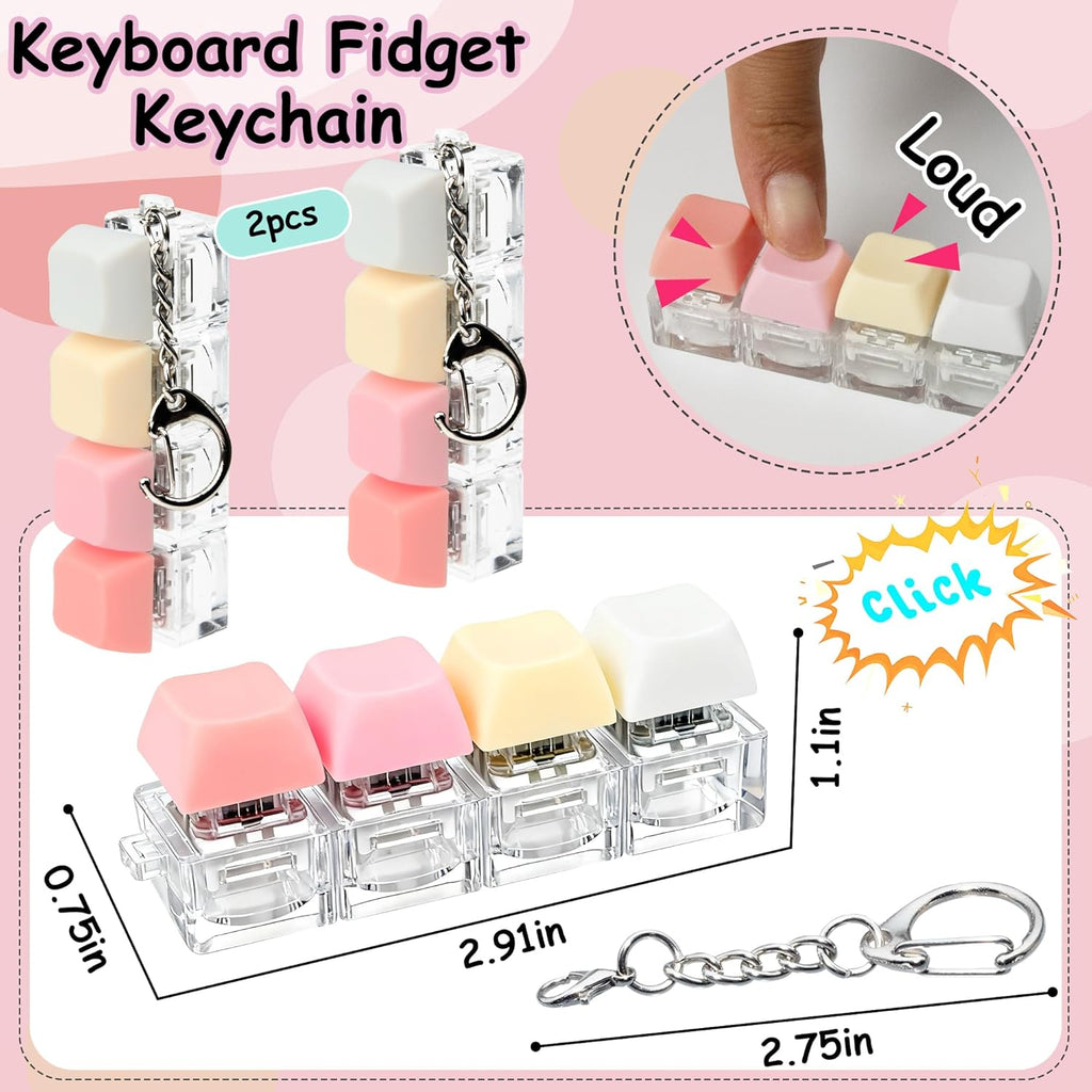 2 PCS Keyboard Fidget Toy, Keyboard Fidget Keychain 4-in-1 Keyboard Decompression Button Finger Clicker Toys, Button Stress Relief Fidget Gifts to Relief Stress (Fours Colors-Pink Yellow White)