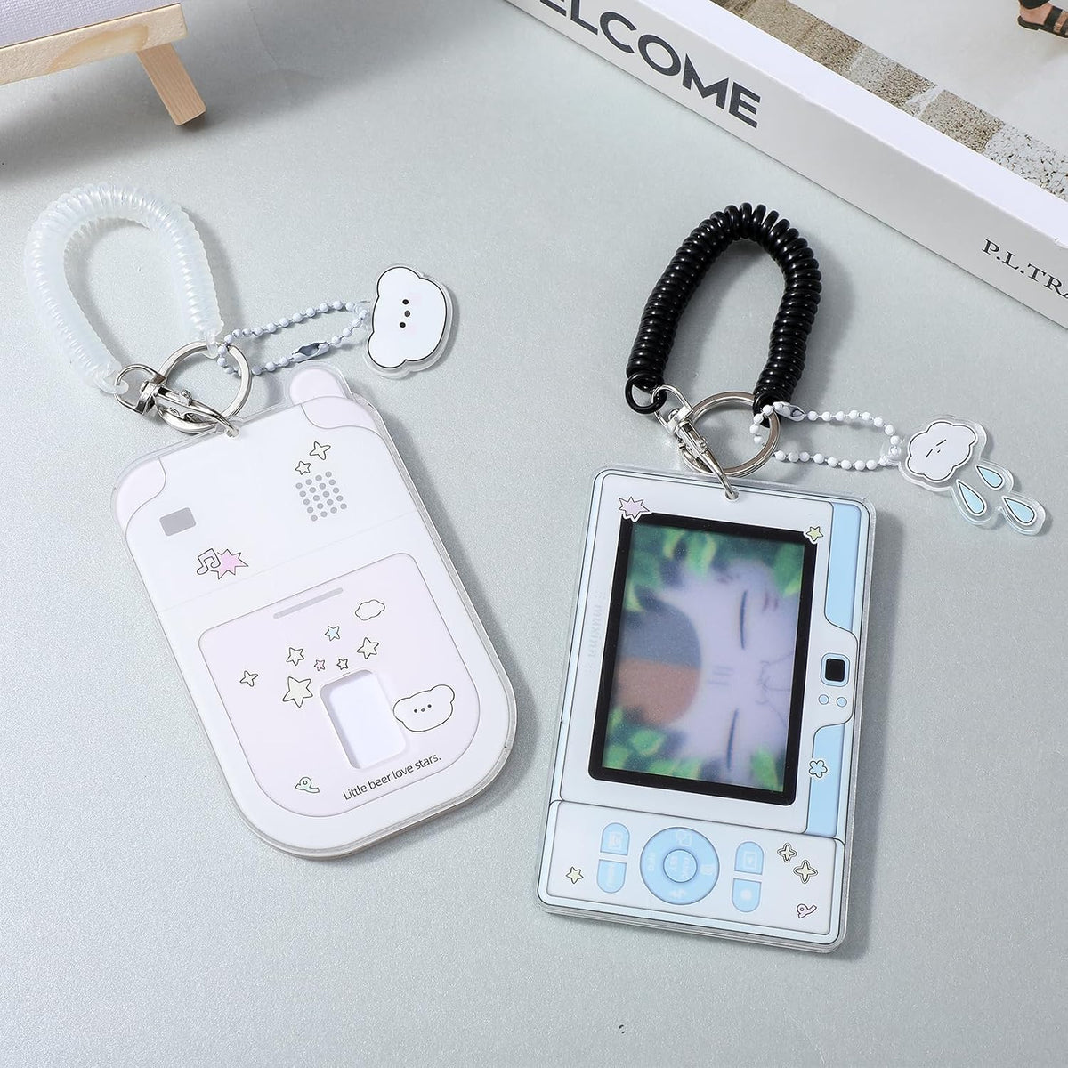Mabor 2Pcs Cartoon Photo Card Holder, Photocard Holder Keychain Cute ID Badge Holders Acrylic Photocards Holders with Cloud Bear Pendant Spiral Wrist Coil