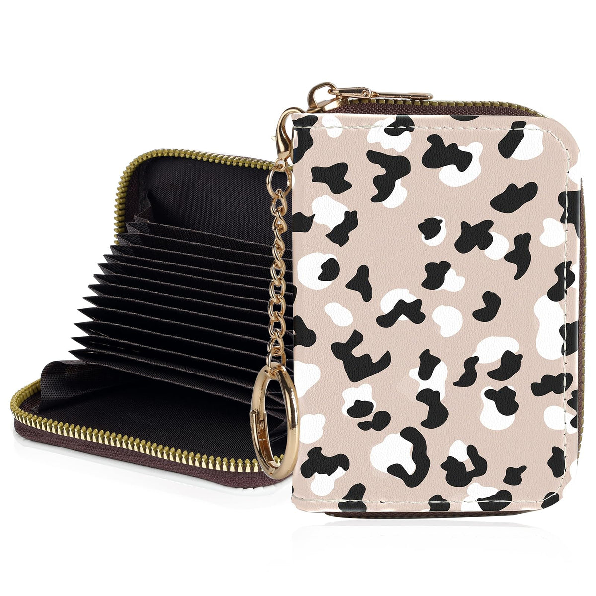 Credit Card Holder for Women,Small Rfid Wallet with Keychain Zipper,Cute PU Leather Card Case Wallet，Accordion Credit Card Wallets Gift,Flowers and Black Cat B