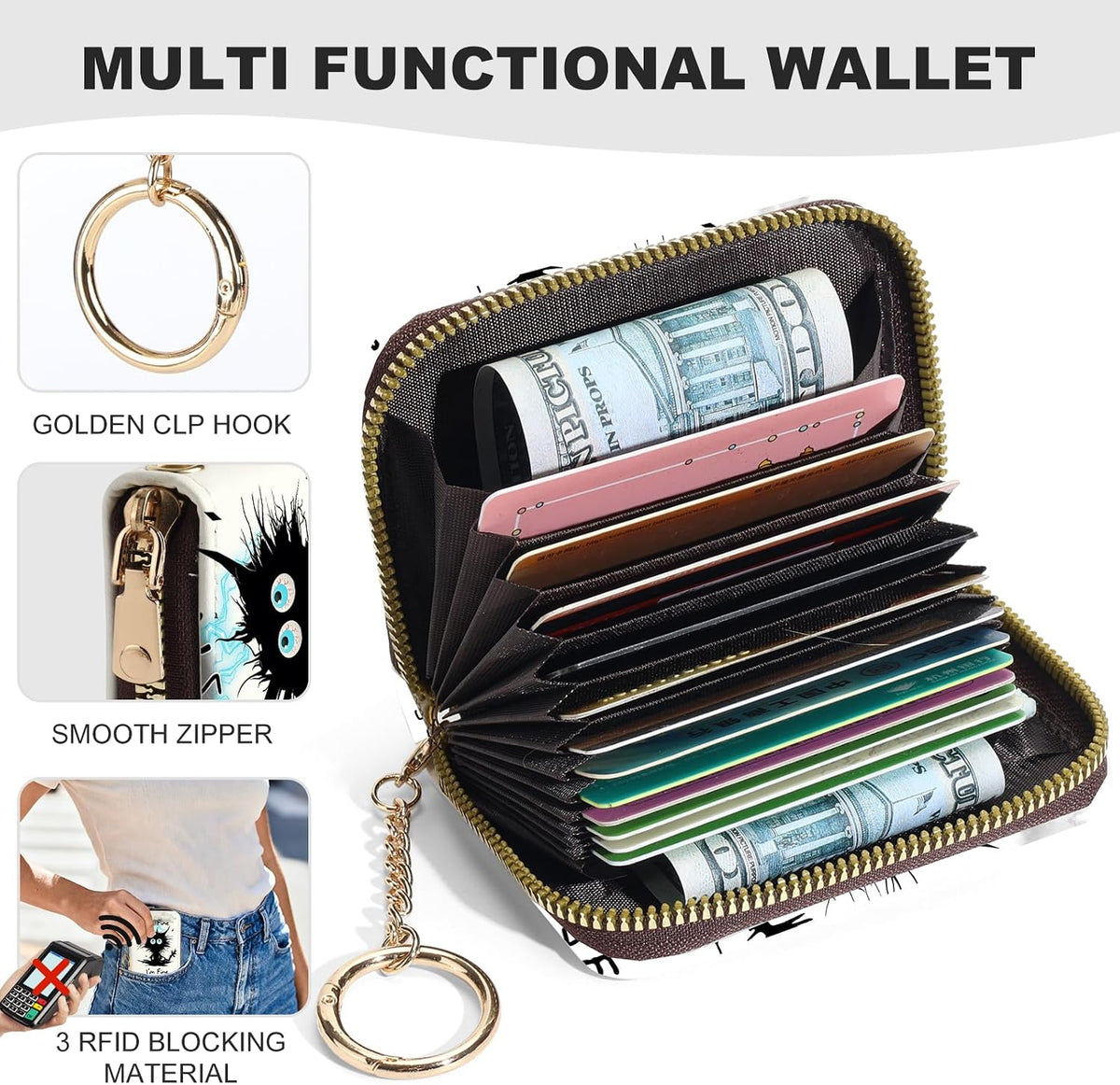 Credit Card Holder for Women,Small Rfid Wallet with Keychain Zipper,Cute PU Leather Card Case Wallet，Accordion Credit Card Wallets Gift,Cat Struck by Lightning