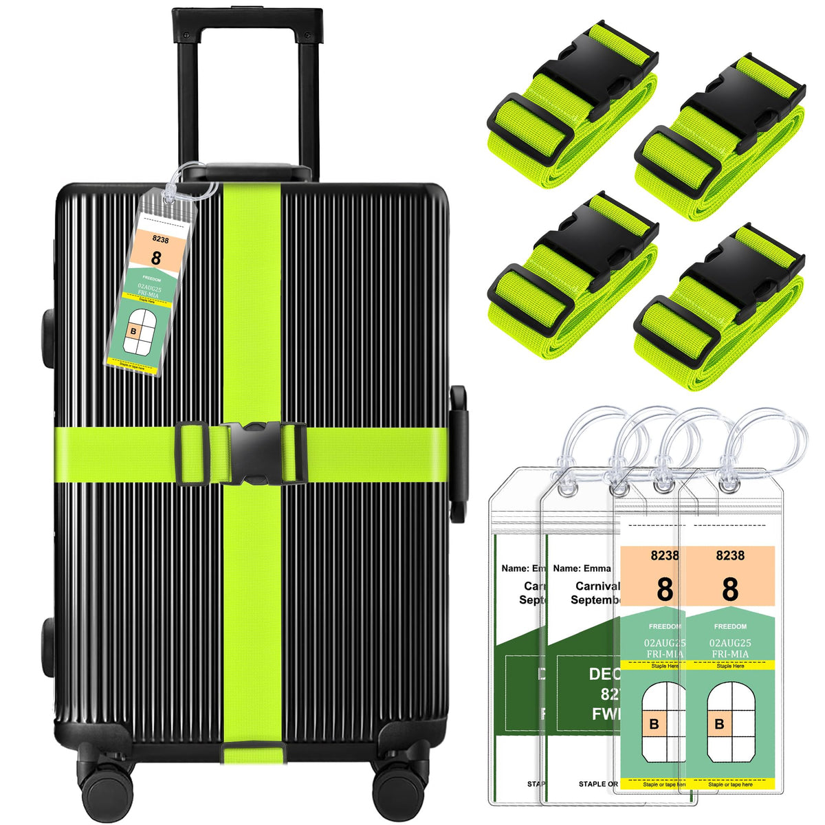 Gostwo 8 Pack Luggage Straps and Tags Set - 4 Straps, 4 Tags, Suitcase Belt