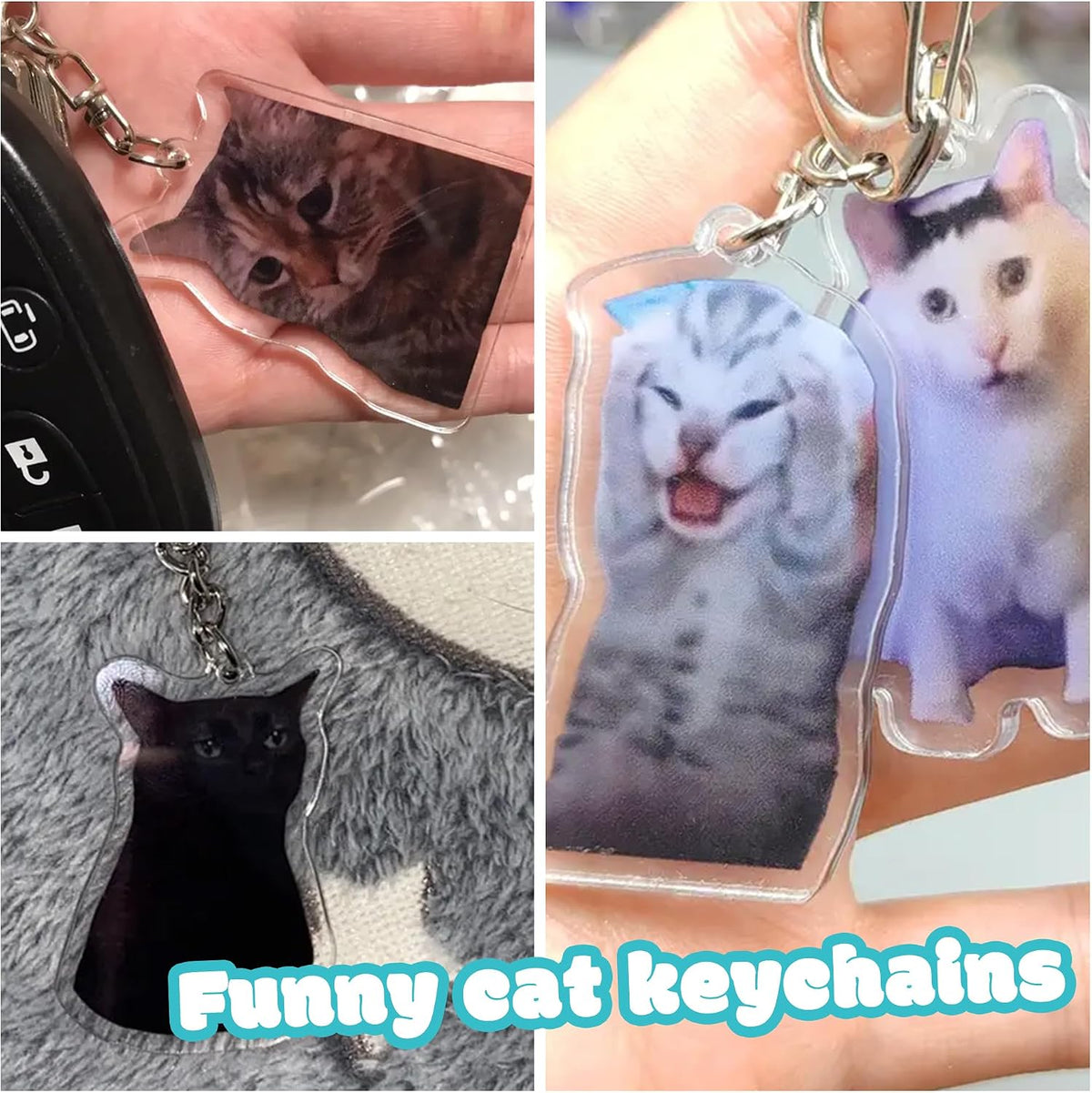 Ohjijinn 8Pcs Cat Keychain Cute Cat Meme Keychains Two Cats Talking Keyring Kawaii Charm Keychain Funny Gift