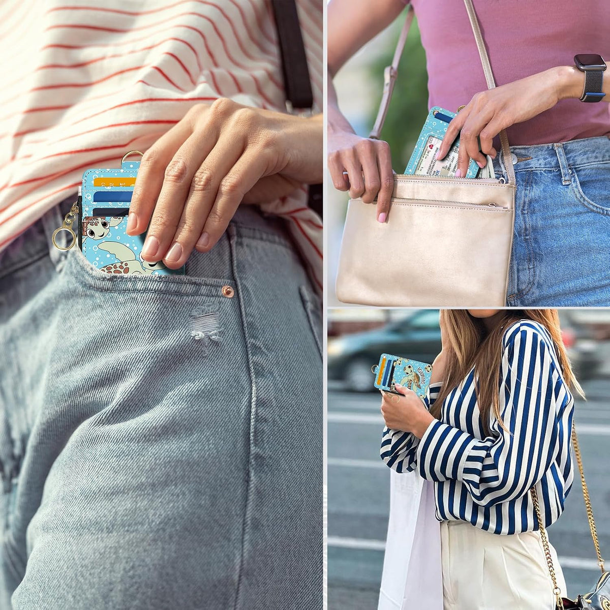 Slim Wallet Credit Card Holder, Sea Turtles, RFID Wallet Women Cute Small Front Pocket Wallet With Zipper, PU Leather Thin travel RFID Blocking Card Case ID Window,Ladies Gifts