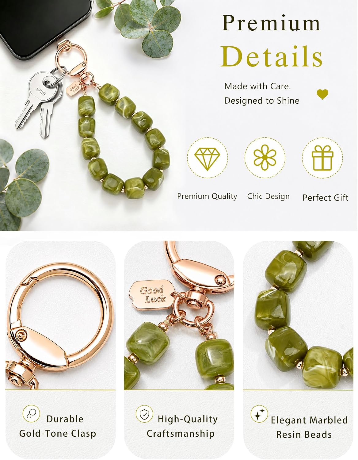 BAOSIWA Resin Beaded Keychain Wristlet for Women - Cute Car Key Chain Holder Key Ring Bracelet, Non-Elastic