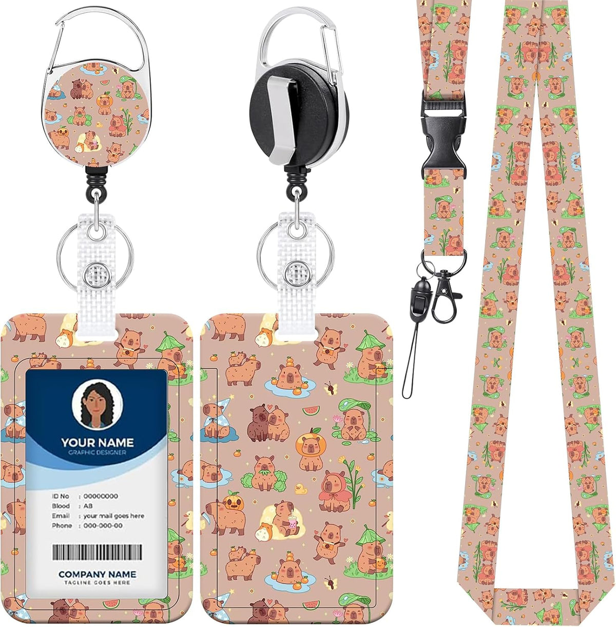 Cute Cartoon Happy Capybaras Breakaway Lanyard for ID Badges with Heavy-Duty Retractable Badge Reel & Carabiner, Adjustable Name Tag Holder for Teachers, Nurses, Students & Office Workers