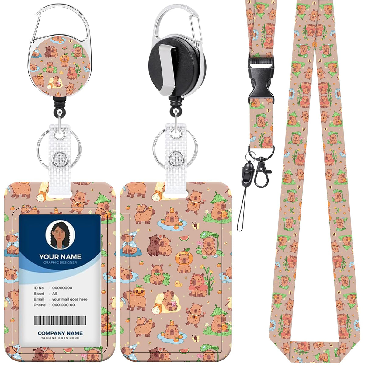 Cute Cartoon Happy Capybaras Breakaway Lanyard for ID Badges with Heavy-Duty Retractable Badge Reel & Carabiner, Adjustable Name Tag Holder for Teachers, Nurses, Students & Office Workers