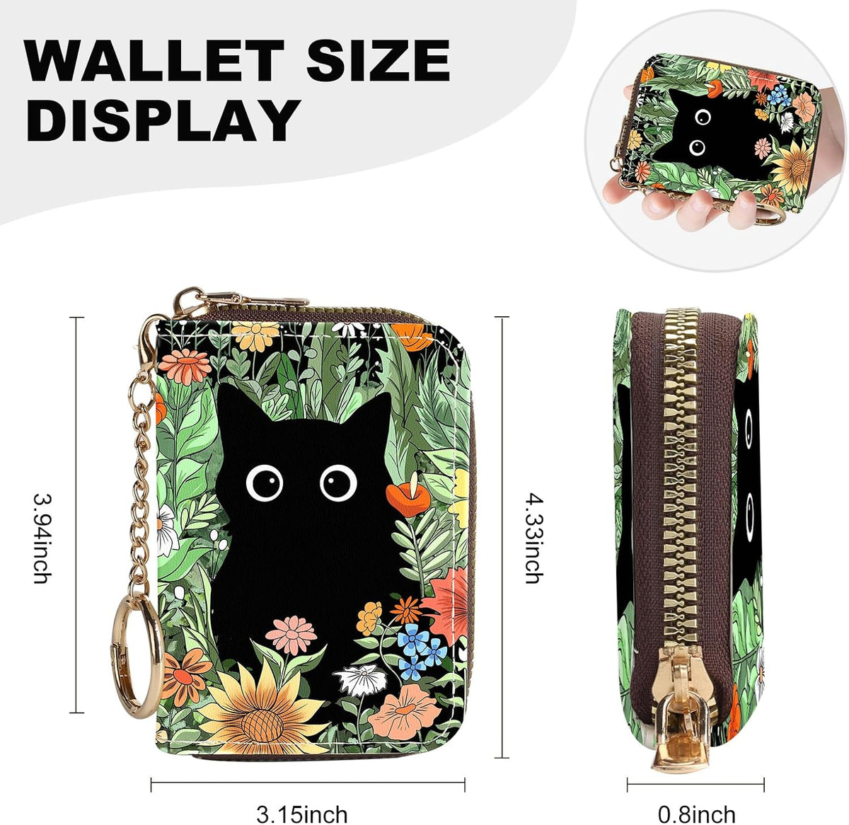 Credit Card Holder for Women,Small Rfid Wallet with Keychain Zipper,Cute PU Leather Card Case Wallet，Accordion Credit Card Wallets Gift,Flowers and Black Cat B