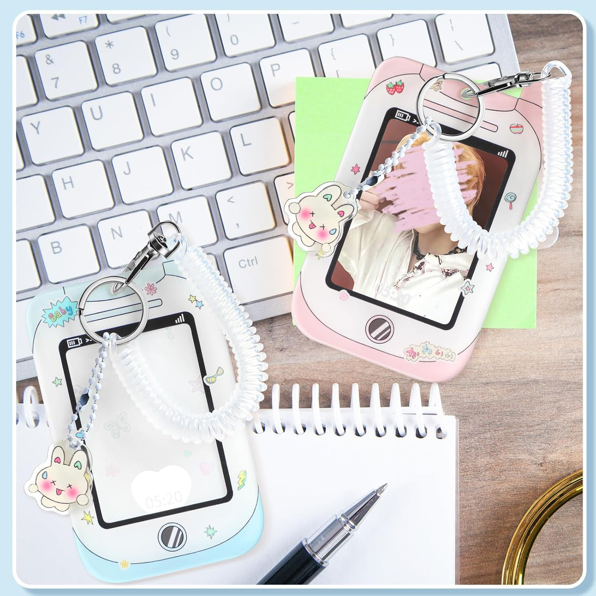 Ctosree 2 Pcs Photocard ID Badge Holder with Wrist Coil Blue Pink Y2k