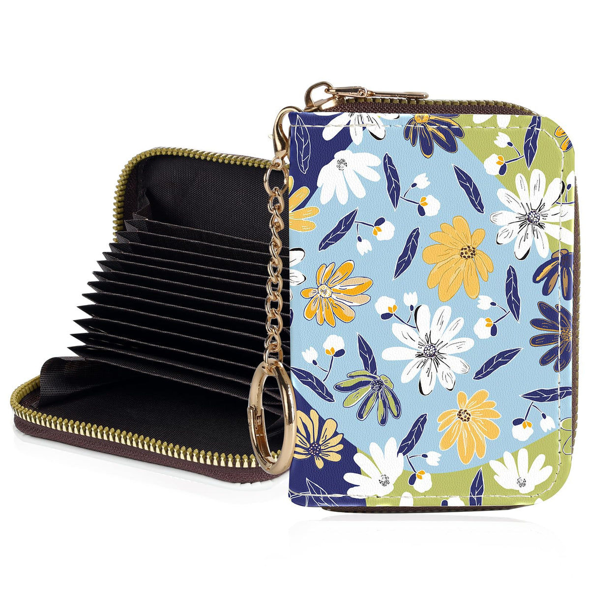 Credit Card Holder for Women,Small Rfid Wallet with Keychain Zipper,Cute PU Leather Card Case Wallet，Accordion Credit Card Wallets Gift,Flowers and Black Cat B