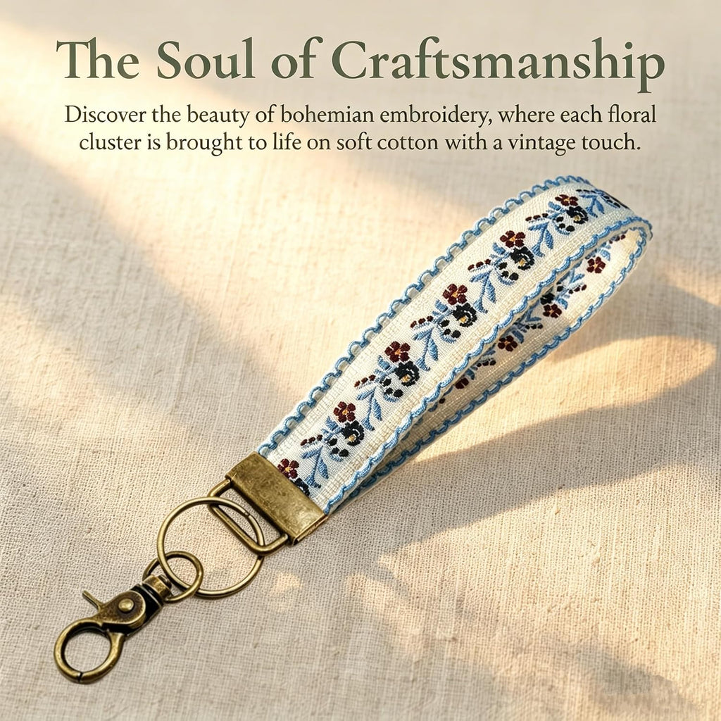 Boho Vintage Embroidered Floral plant Wristlet Keychain for Women