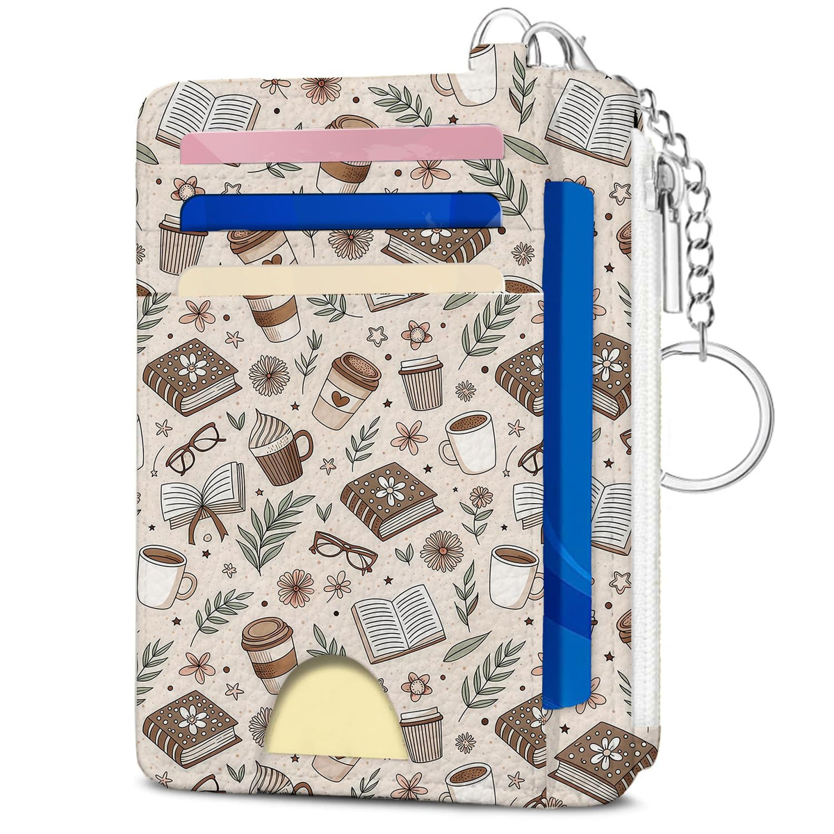 Book Lover Gift for Readers, Cute Reading Theme Card Holder Wallet, Literary Slim Credit Card Case with ID Window, Cartoon RFID Blocking Pocket Wallet Gift for Book Fans with Coin Zipper Keychain