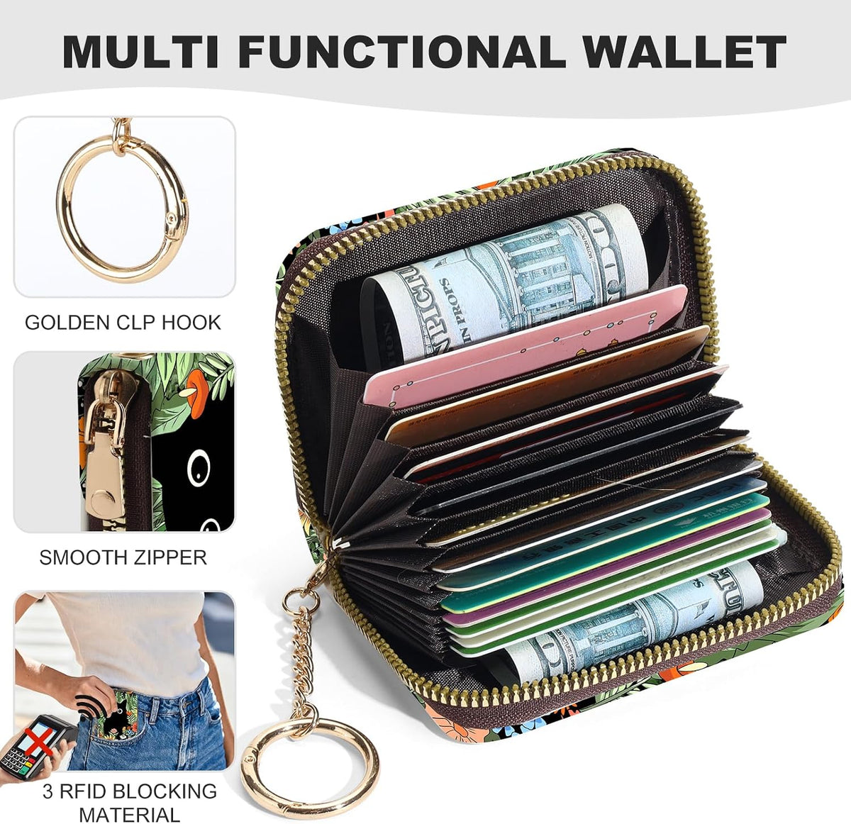 Credit Card Holder for Women,Small Rfid Wallet with Keychain Zipper,Cute PU Leather Card Case Wallet，Accordion Credit Card Wallets Gift,Flowers and Black Cat B