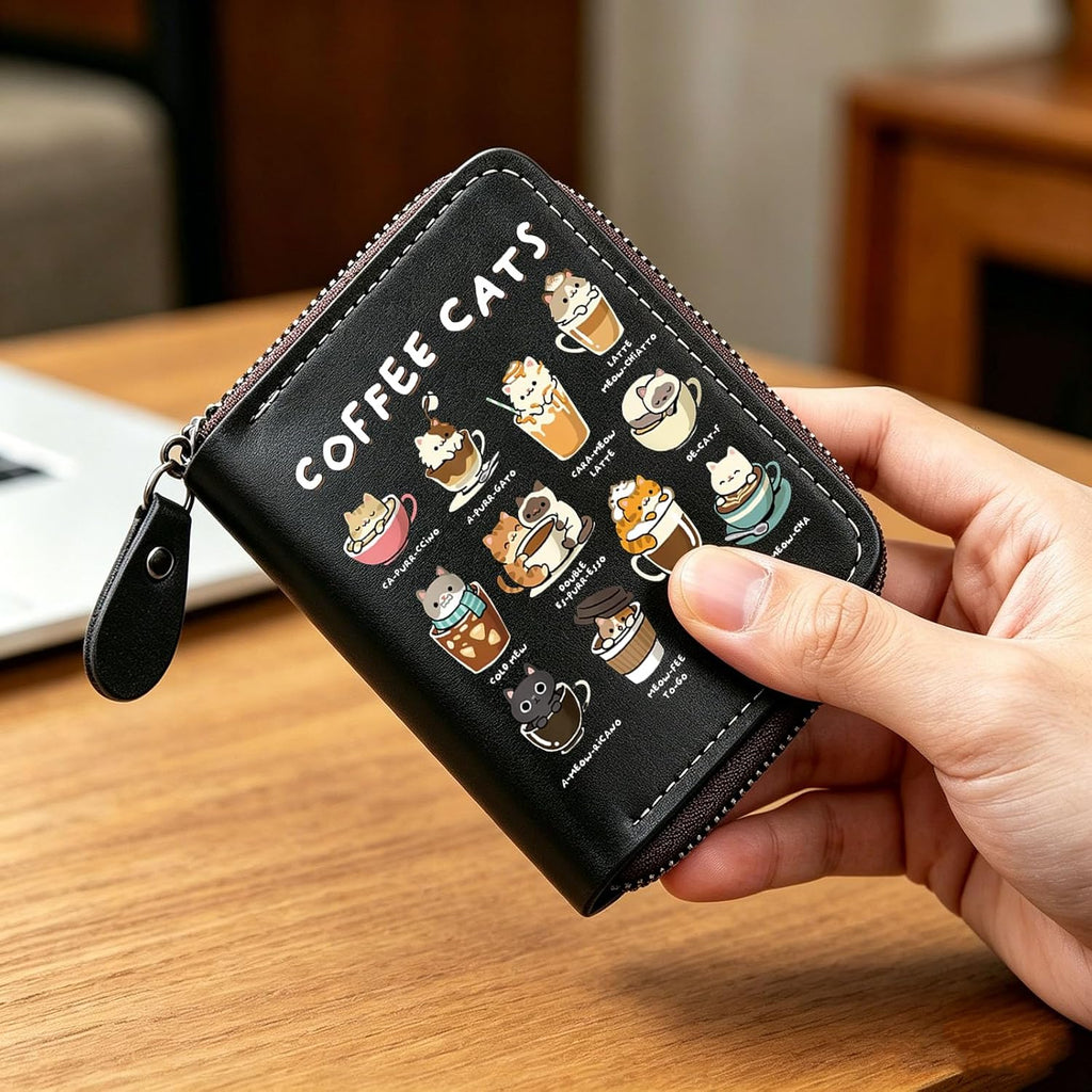 FEELMEM Coffee Cats Leather Credit Card Holder Zipper Wallet Cat Lover Barista Gift Coffee Enthusiasts Gift (black)
