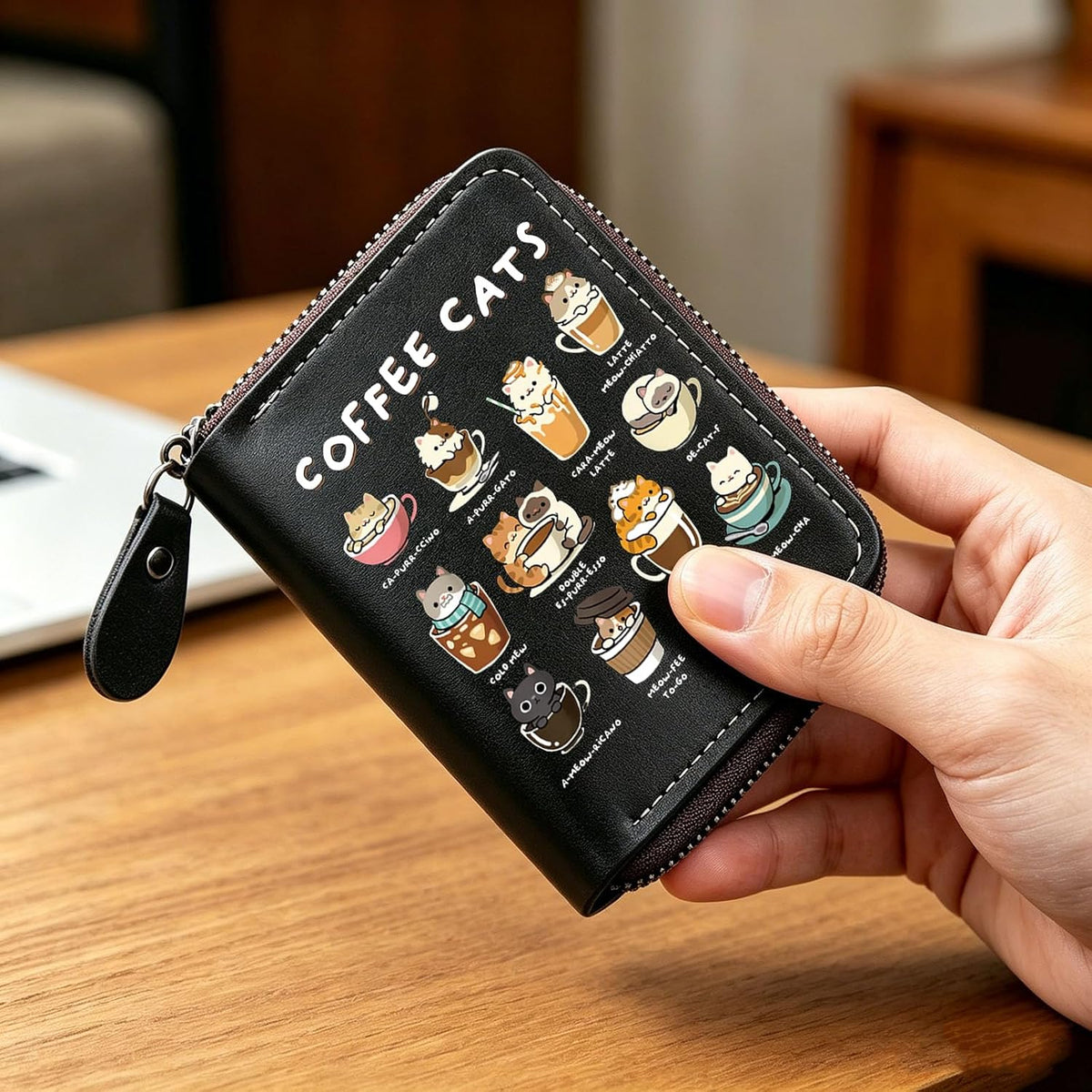 FEELMEM Coffee Cats Leather Credit Card Holder Zipper Wallet Cat Lover Barista Gift Coffee Enthusiasts Gift (black)