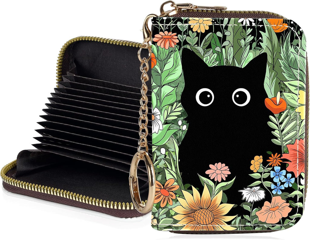 Credit Card Holder for Women,Small Rfid Wallet with Keychain Zipper,Cute PU Leather Card Case Wallet，Accordion Credit Card Wallets Gift,Flowers and Black Cat B