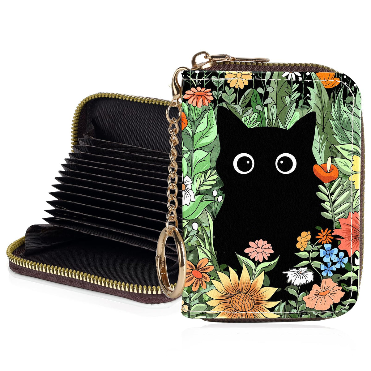 Credit Card Holder for Women,Small Rfid Wallet with Keychain Zipper,Cute PU Leather Card Case Wallet，Accordion Credit Card Wallets Gift,Flowers and Black Cat B