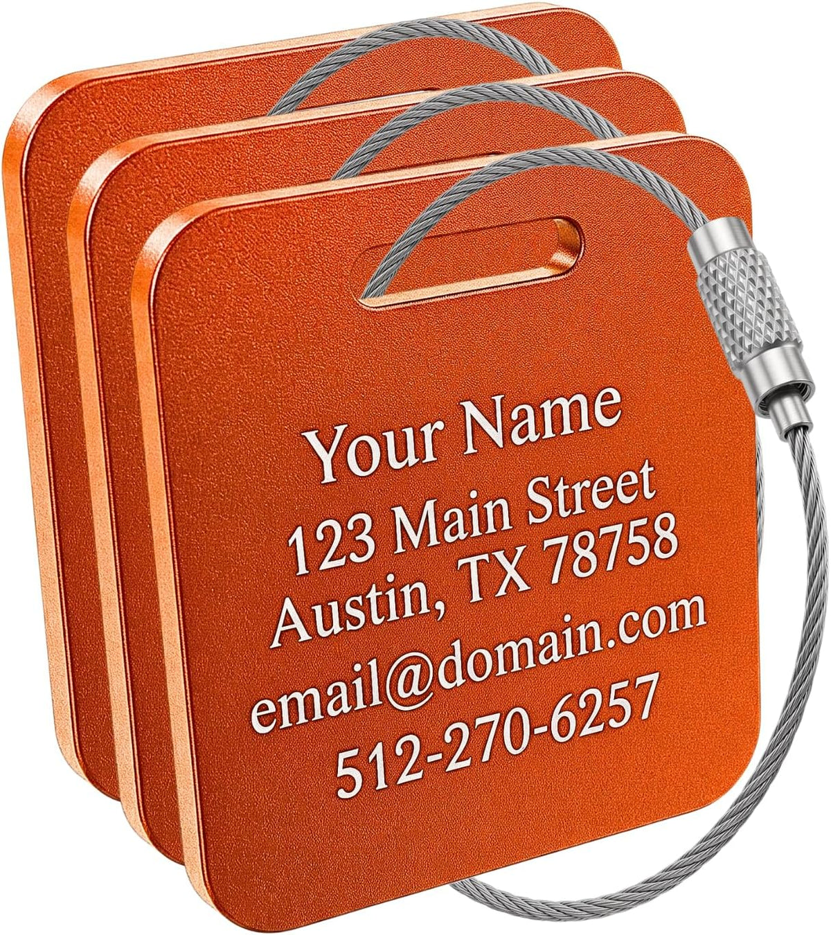 Custom Metal Luggage Tags (3 or 6 Pack) - Personalized Unique Suitcase & Backpack Travel, Durable, Waterproof & Heavy Duty (Orange)