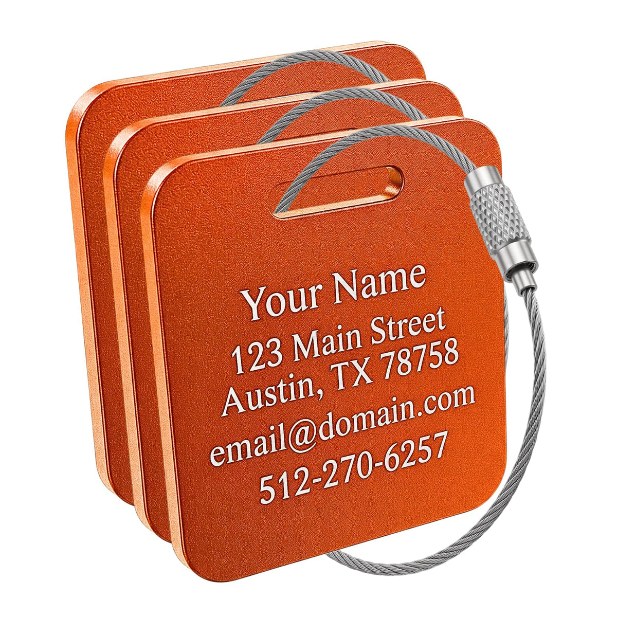 Custom Metal Luggage Tags (3 or 6 Pack) - Personalized Unique Suitcase & Backpack Travel, Durable, Waterproof & Heavy Duty (Orange)