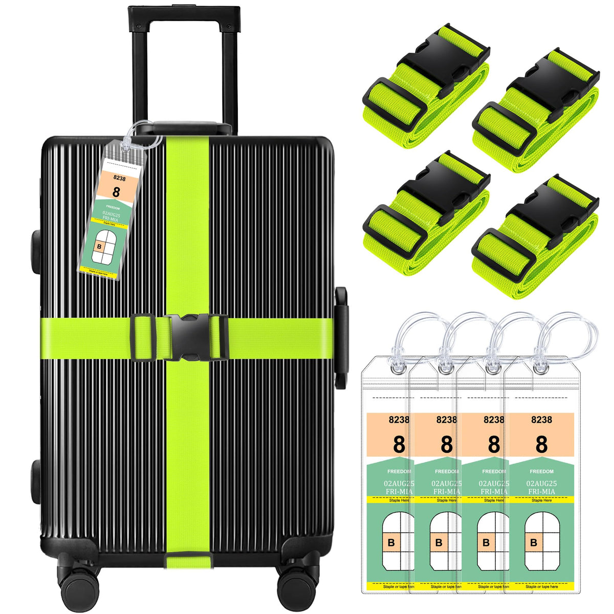 Gostwo 8 Pack Luggage Straps and Tags Set - 4 Straps, 4 Tags, Suitcase Belt