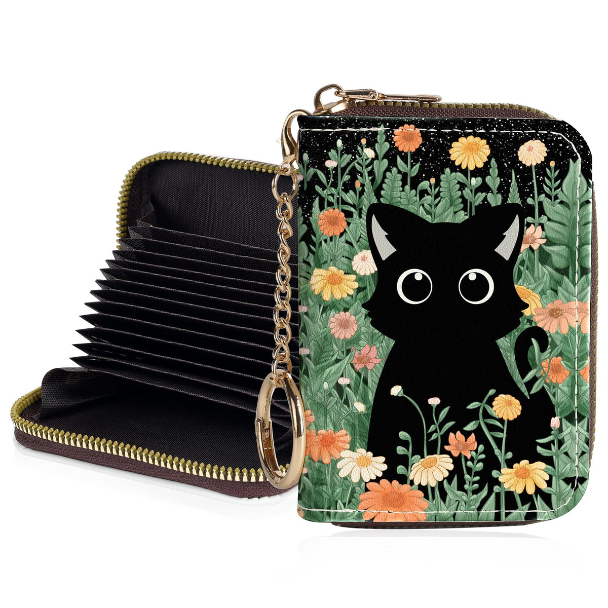 Credit Card Holder for Women,Small Rfid Wallet with Keychain Zipper,Cute PU Leather Card Case Wallet，Accordion Credit Card Wallets Gift,Flowers and Black Cat B