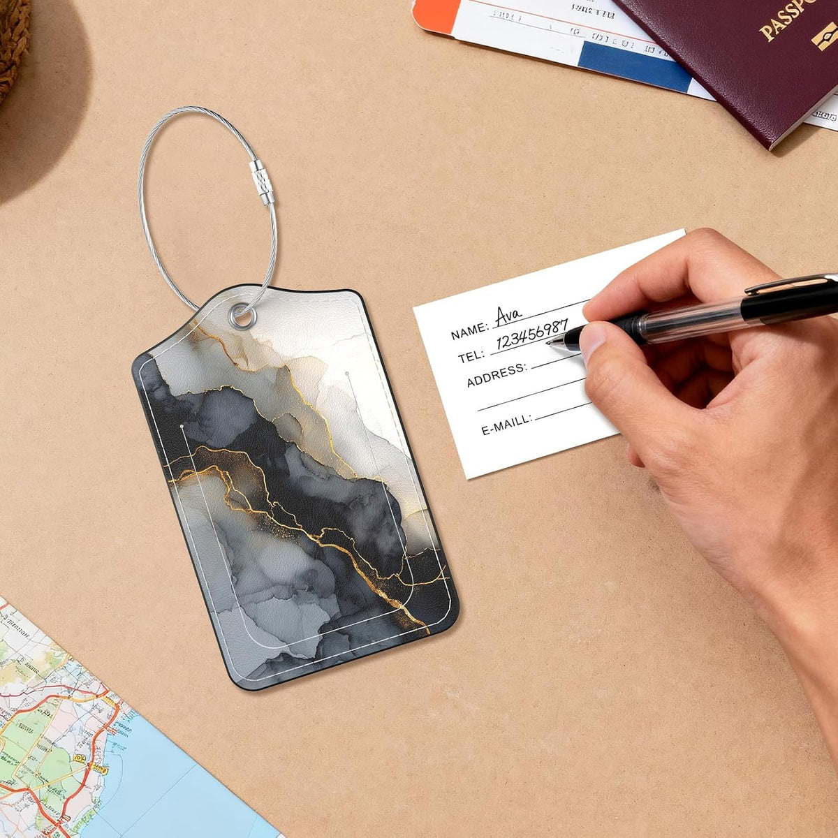 2 Pack PU Leather Luggage Tags for Suitcases, Black Gold Marble