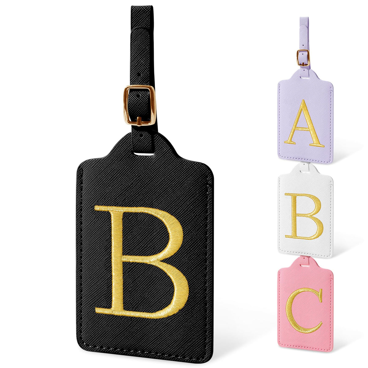 Personalized Initial Luggage Tags for Suitcases, Cute PU Leather Embroidered Letter Travel Luggage Tags, Suitcase Identifier Name Baggage Tag, Bag Tags for Men Women Kids Luggage Handbags(Pink M)