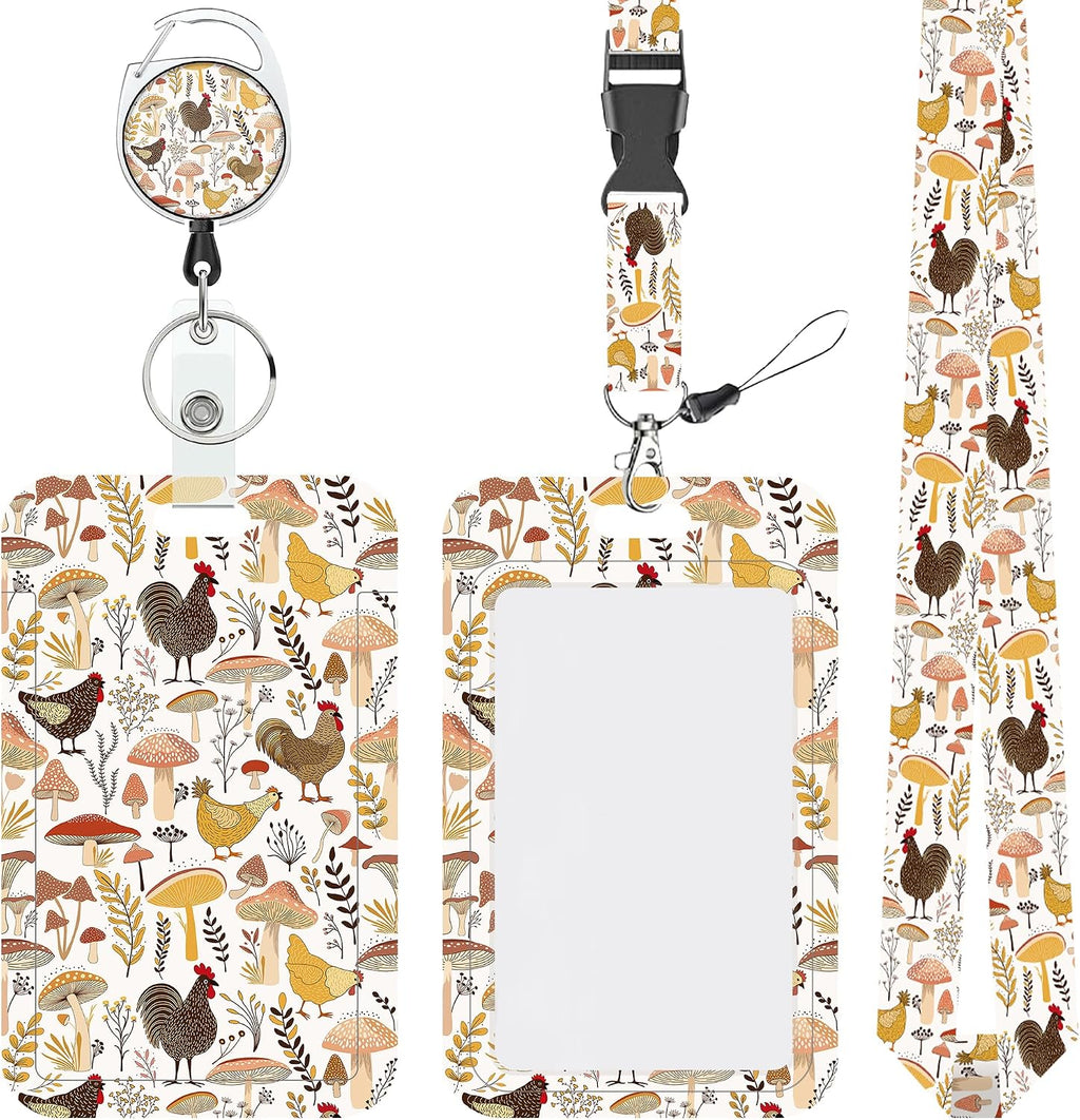 Cartoon Mushrooms Chickens Lanyards for ID Badges Retractable Removable Neck Lanyard with Badge Reel Vertical ID Work Badge Holder for Badge Holder Nurse Office Teacher
