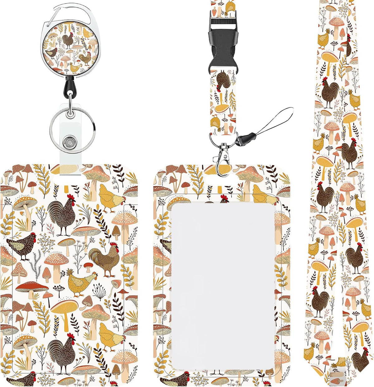 Cartoon Mushrooms Chickens Lanyards for ID Badges Retractable Removable Neck Lanyard with Badge Reel Vertical ID Work Badge Holder for Badge Holder Nurse Office Teacher
