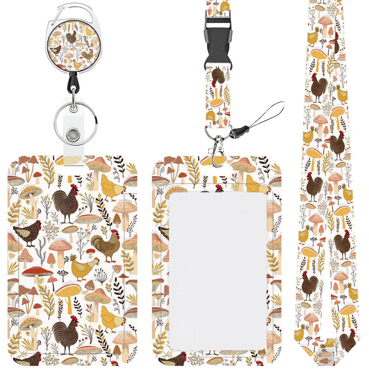 Cartoon Mushrooms Chickens Lanyards for ID Badges Retractable Removable Neck Lanyard with Badge Reel Vertical ID Work Badge Holder for Badge Holder Nurse Office Teacher