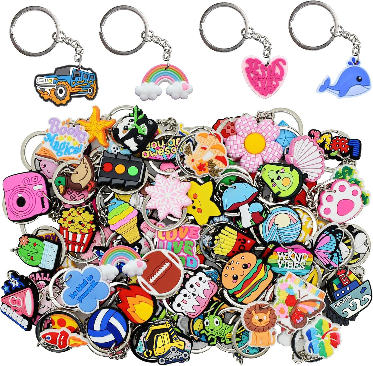 Gibleitz 30/50/100/200pcs Random Different Keychains, Lot Mixed Cute Keyring for Classroom Prizes Students Incentives