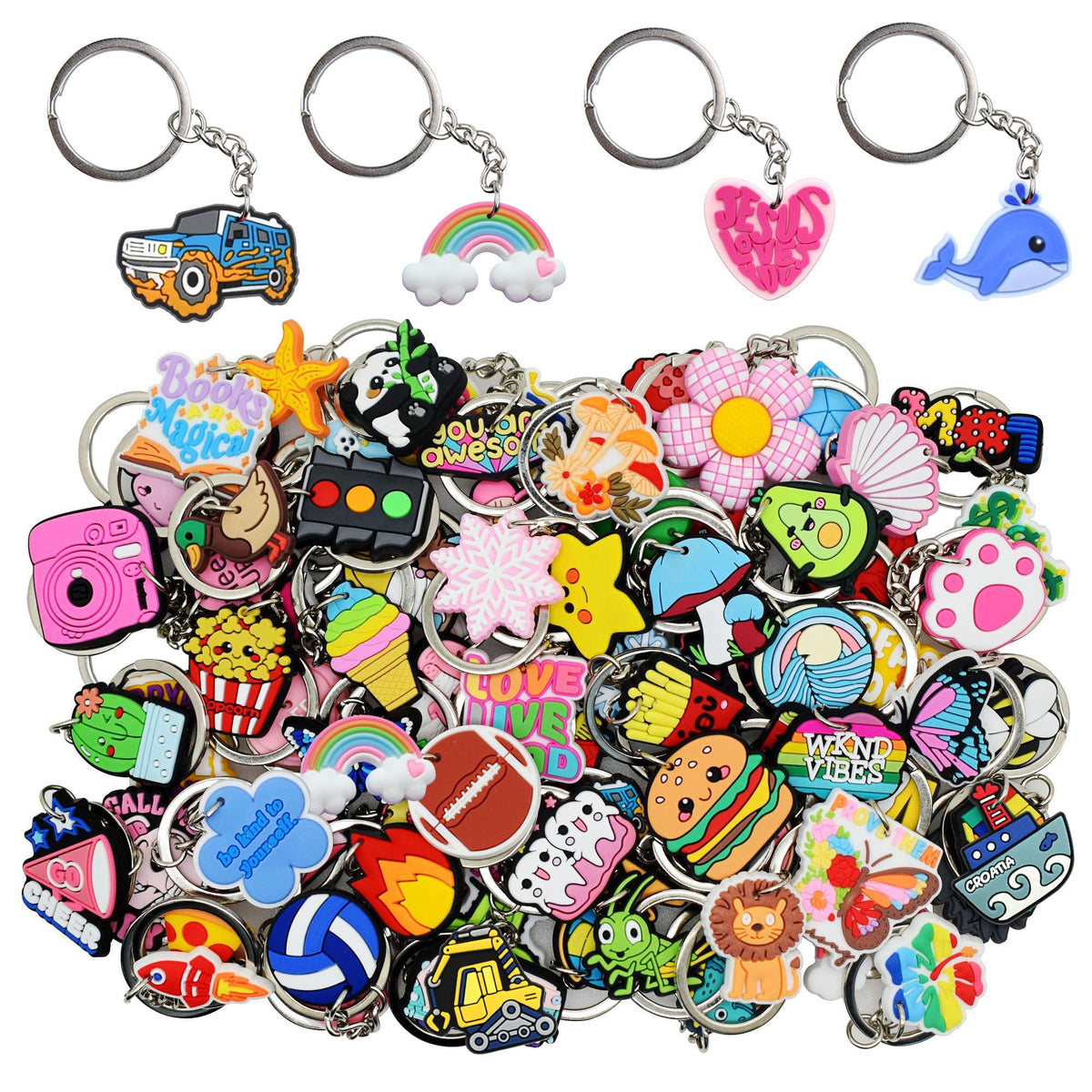 Gibleitz 30/50/100/200pcs Random Different Keychains, Lot Mixed Cute Keyring for Classroom Prizes Students Incentives