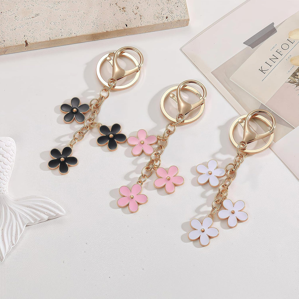 3Pcs Cute Keychain for Women, Flower Enamel Charm Keyring for Handbag Backpack Purse（White,Pink,Black